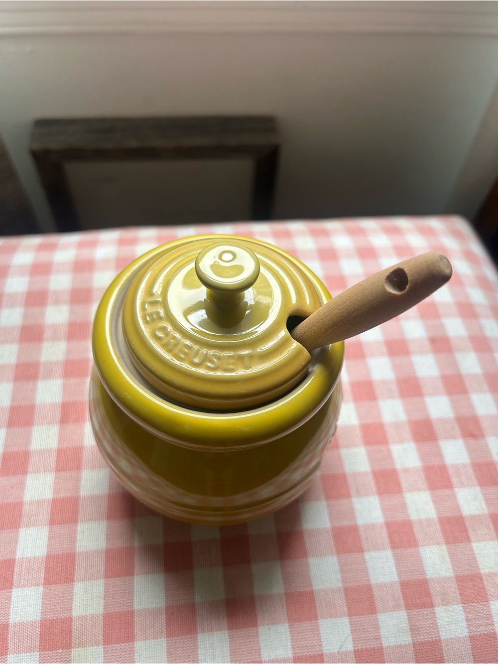 Le Creuset Yellow Stoneware Honey Pot with Wooden Spoon